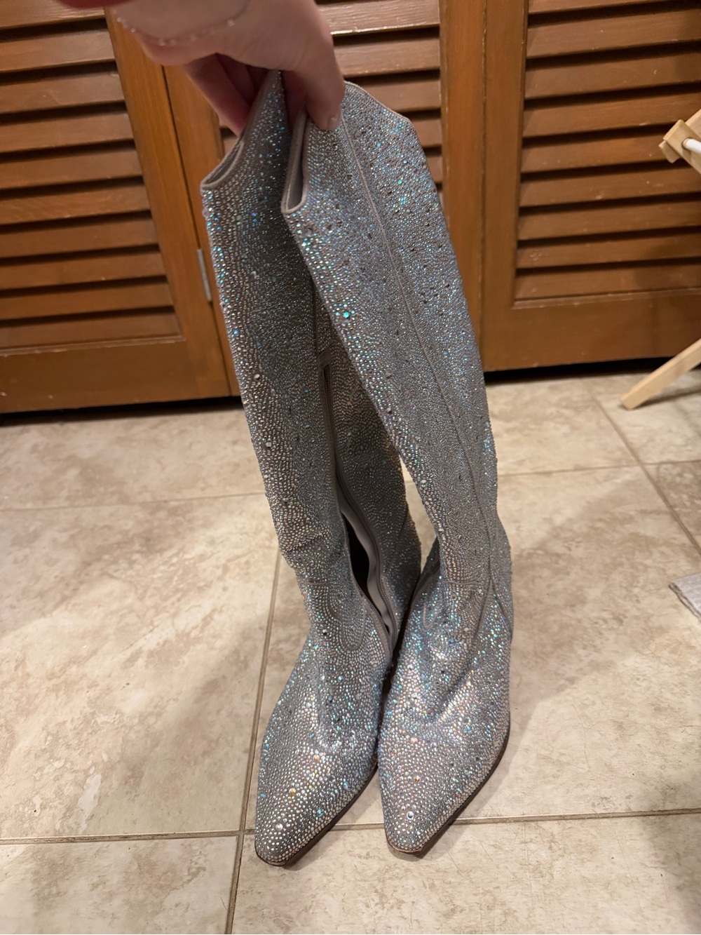 Mucccute Silver Sparkle Knee High Cowgirl Boots for Women